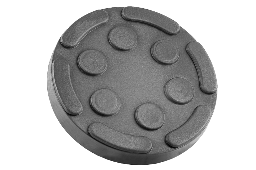 Front view of a black, round rubber pad (item number 02-CONSUL-01-GTRP) for vehicle lifts, with steel plate and rubber lip for slip-on mounting over the lifting plate.