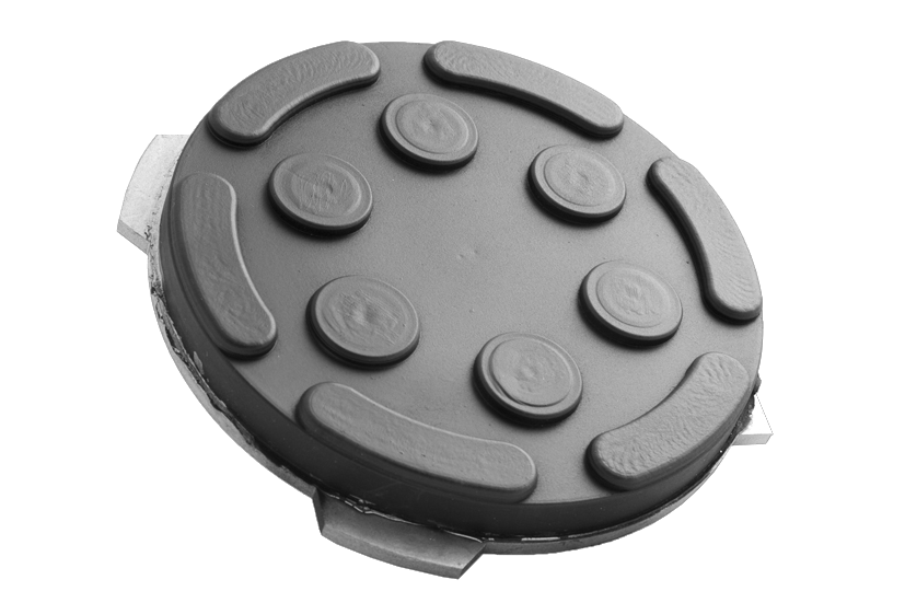 Front view of a black, round rubber pad (item number 02-CONSUL) for vehicle lifts, with bayonet lock and metal base plate.