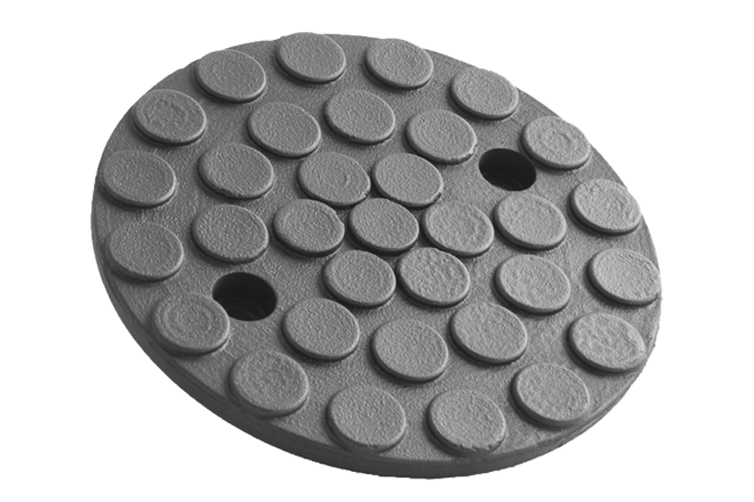 Front view of a black, round rubber pad (item no. 024481) for vehicle lifts, with two holes for bolting to the lift arm.