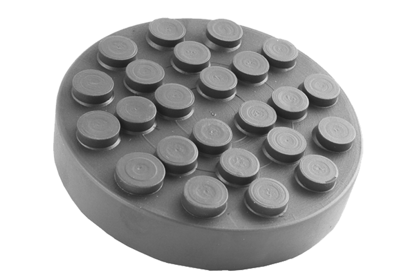 Front view of a black, round rubber pad (item no. 04640577) for vehicle lifts, with three studs on the back.