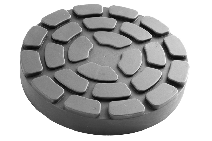 Front view of a black, round rubber pad (item no. 047021041) for vehicle lifts, with a rubber lip for slipping over the lift arm.