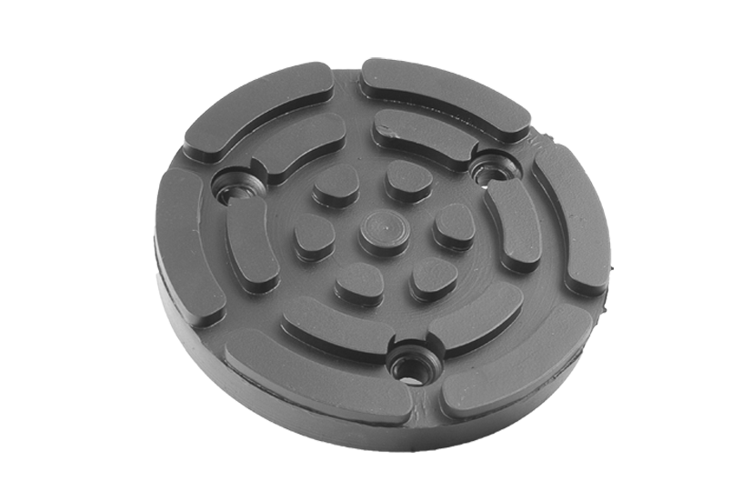 Front view of a black, round rubber pad (item no. 15.87.410) for vehicle lifts, with steel plate and three holes for bolting to the lift arm.