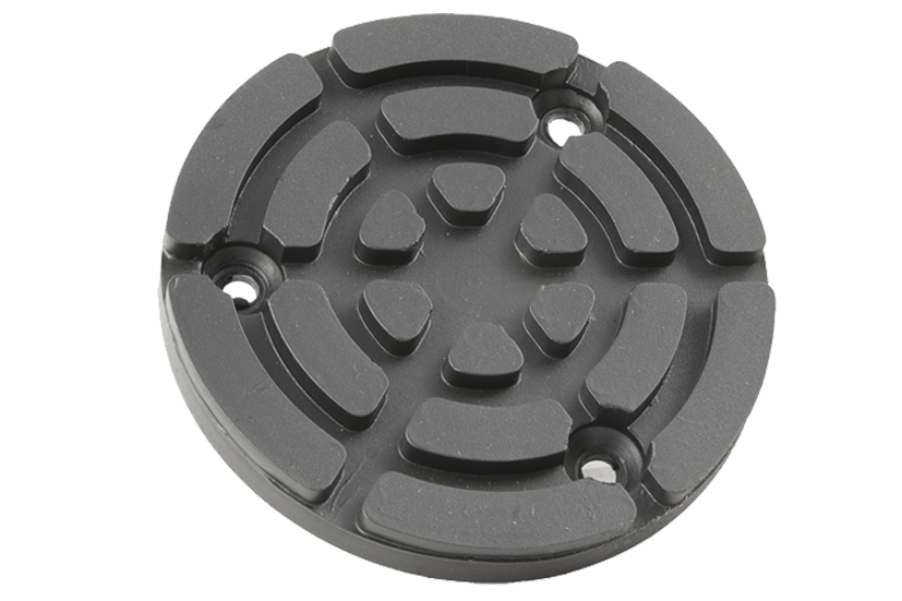 Front view of a black, round rubber pad (item no. 15.87.420) for vehicle lifts, with steel plate and three holes for bolting to the lift arm.