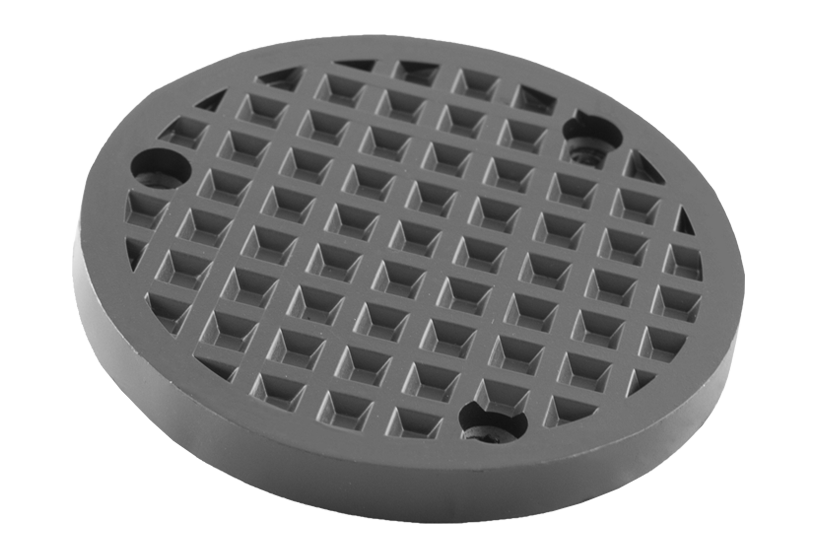 Vorderansicht eines schwarzen, runden Gummitellers (Artikelnummer 15.87.450) für KFZ-Hebebühnen, mit Stahlplatte und drei Löchern zum Verschrauben am Tragteller.