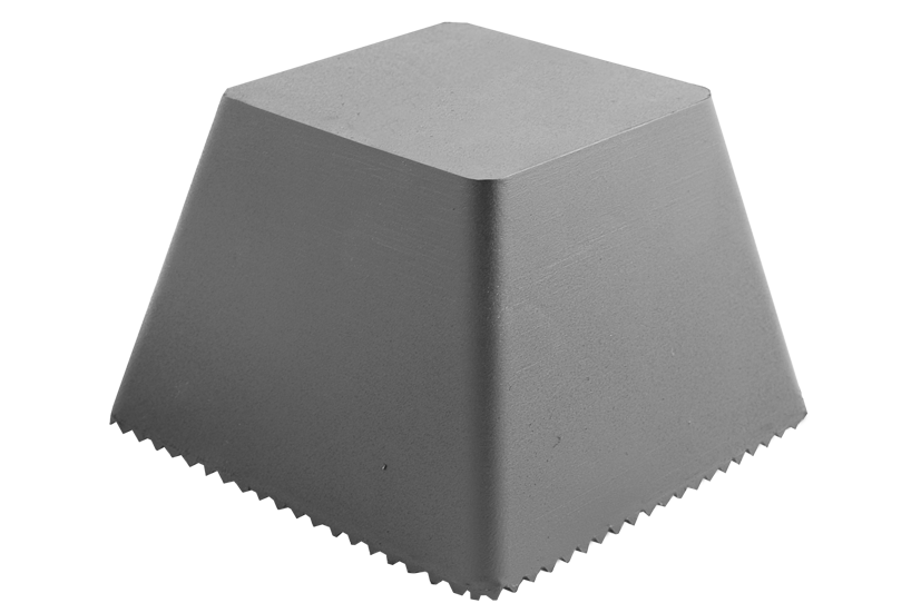 Front view of a black, square rubber pyramid block (item number 165038) for scissor lifts.