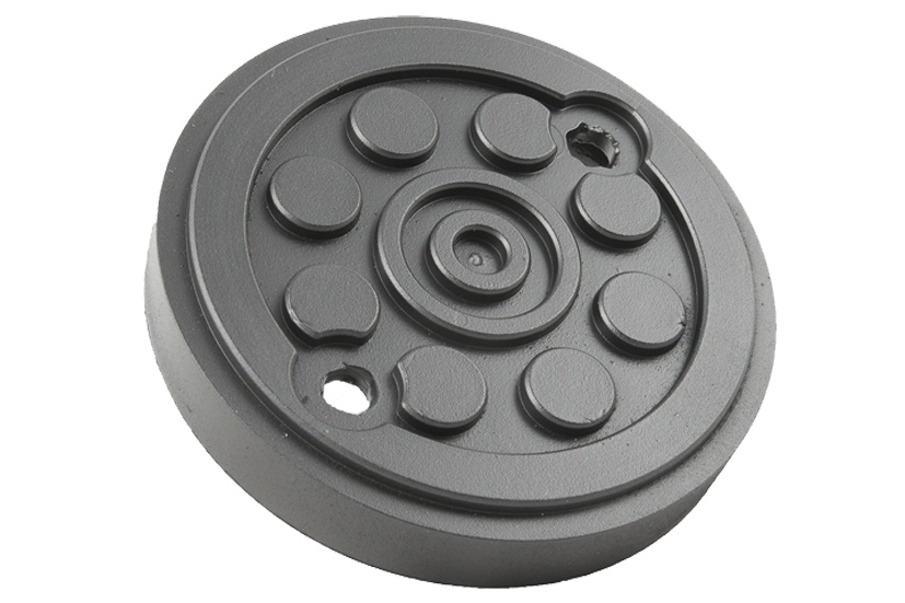 Front view of a black, round rubber pad (item no. 17202301) for vehicle lifts, with two holes, rubber lip for slipping over, and bolting to the lift arm.