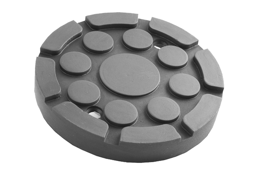 Front view of a black, round rubber pad (item no. 36001.04.04.001) for vehicle lifts, with two holes, rubber lip for slipping over, and bolting to the lift arm.