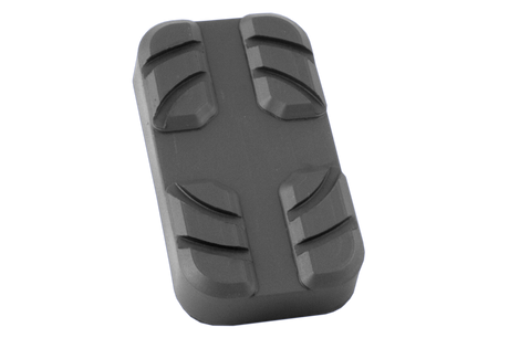 Vorderansicht eines schwarzen, rechteckigen Gummitellers (Artikelnummer AC-GS2) für KFZ-Hebebühnen, mit Gummilippe zum Überstülpen über den Tragteller.