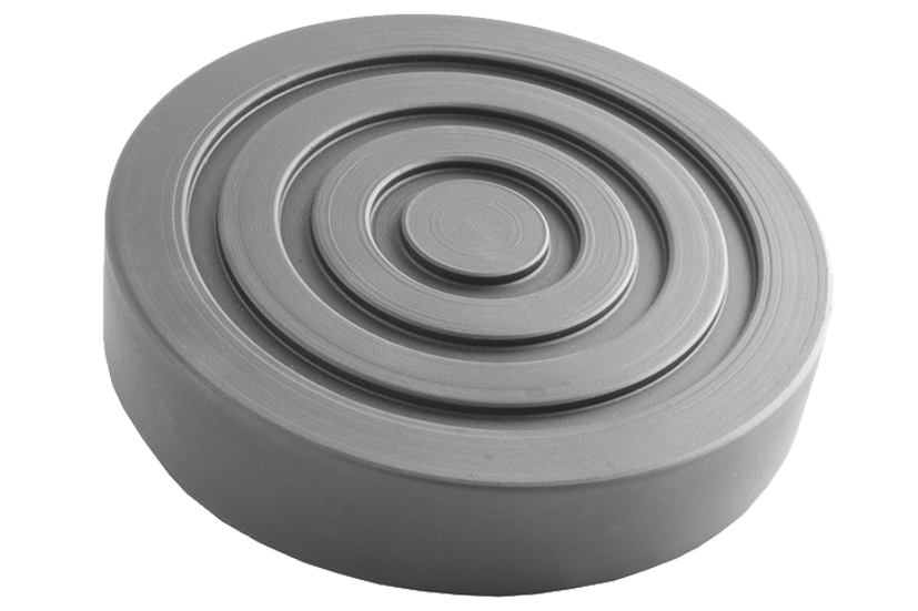 Front view of a black, round rubber pad (item no. AGM139) for vehicle lifts, with rubber lip for slipping over the lift arm.