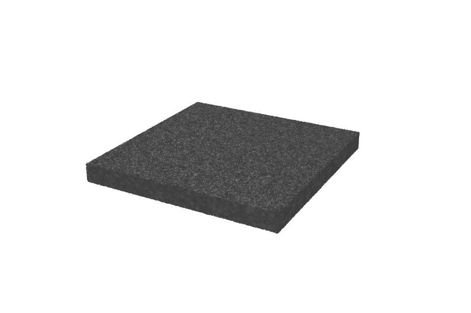 Angled view of a black, square leveling pad (item no. AP-HIA.500.500.H50-OG) for wheel alignment lifts, made of compressed rubber material with a porous surface, without grip hole.