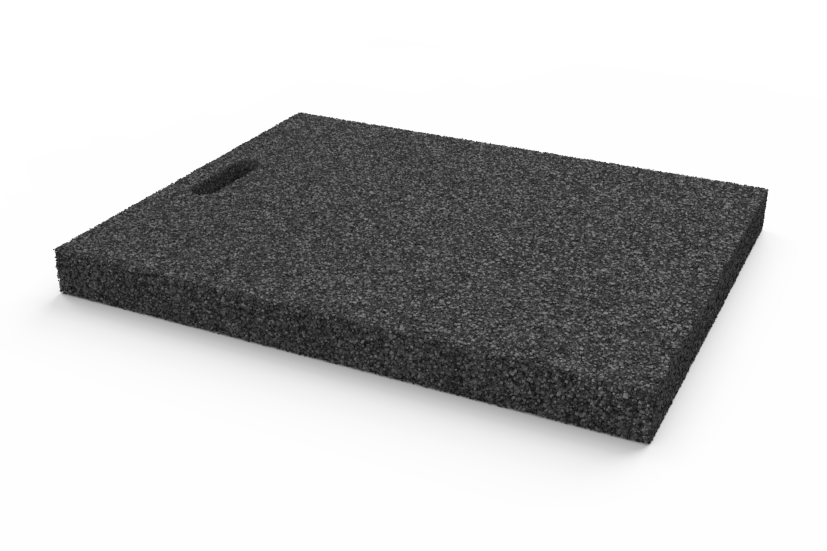 Angled view of the item AP-JBP.600.465.H50, rectangular black leveling pad for wheel alignment lifts with grip hole, made of recycled rubber with a porous surface.
