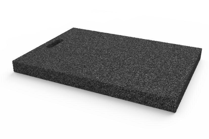Angled view of the black, rectangular leveling pad AP-LBR.620.365.H50 for wheel alignment lifts, made of compressed rubber material with a porous surface and a grip hole.