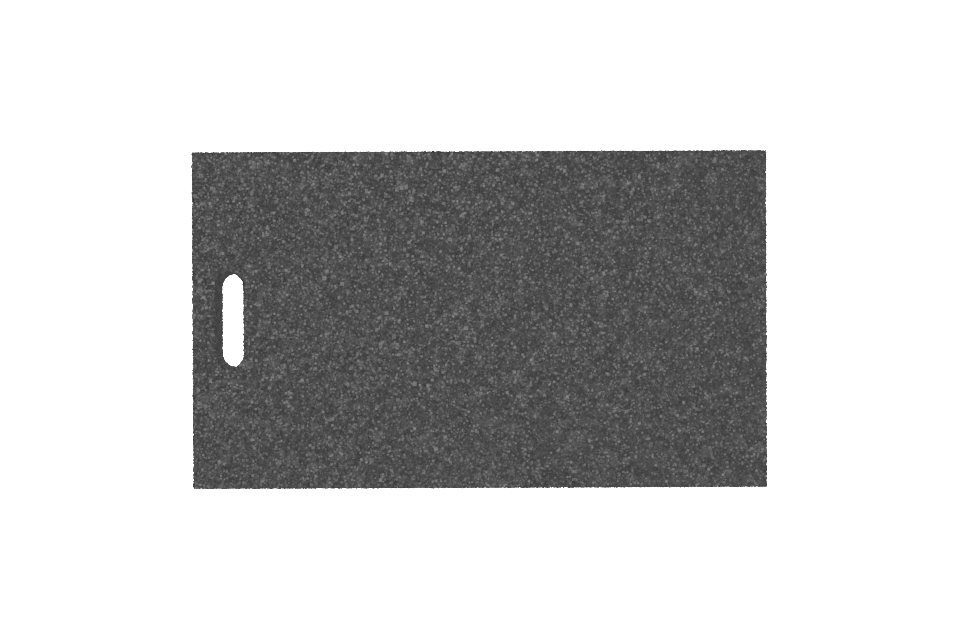 Draufsicht der schwarzen, rechteckigen Ausgleichsplatte AP-TVS.680.400.H50 für Achsvermessungshebebühnen, aus verpresstem Gummimaterial mit poröser Oberfläche und Griffloch.