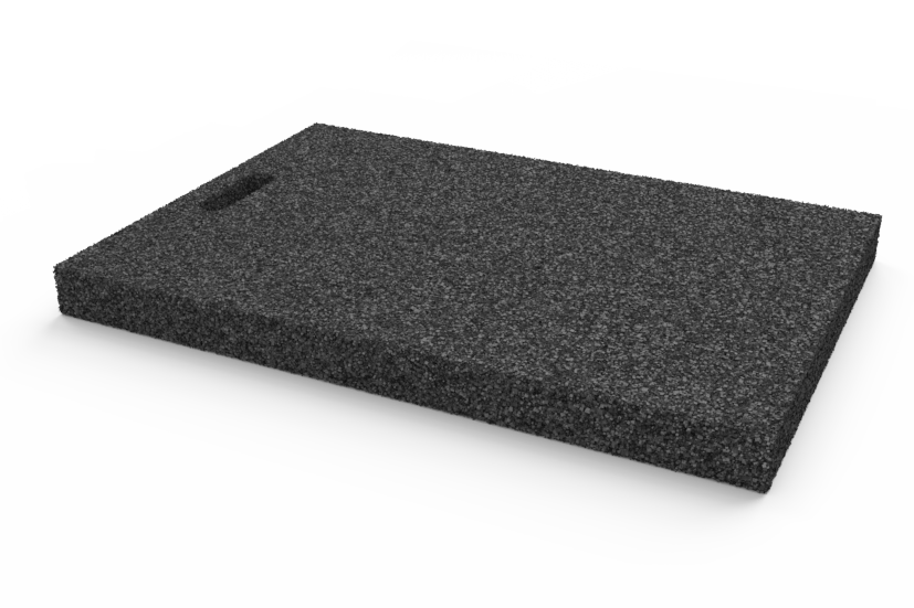 Angled view of the item AP-VPZ.600.450.H50, rectangular black leveling pad for wheel alignment lifts with grip hole, made of recycled rubber with a porous surface.