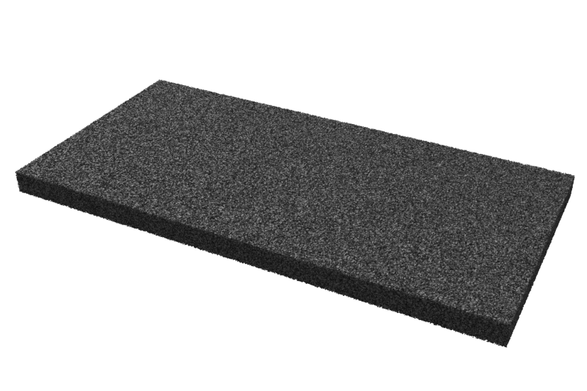 Angled view of a black, rectangular leveling pad (item no. AP-ZEZ.1000.500.H50-OG) for wheel alignment lifts, made of compressed rubber material with a porous surface, without grip hole.