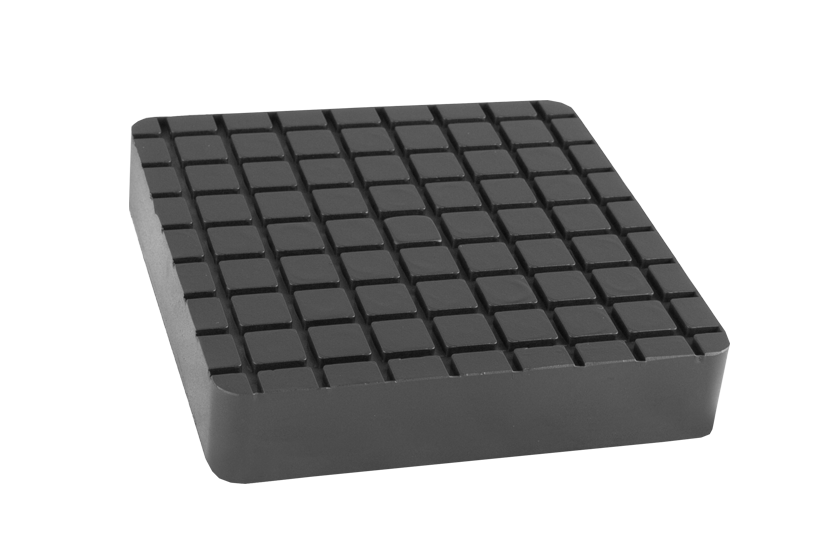 Front view of a black, square rubber pad (item number BENDPAK002) for vehicle lifts, with four holes for bolting to the lifting plate.