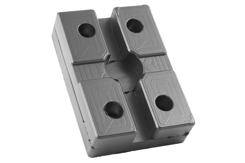 Front view of a black, rectangular rubber pad (item number BISHAMON001) for vehicle lifts, with steel plate and four holes for bolting to the lifting plate.