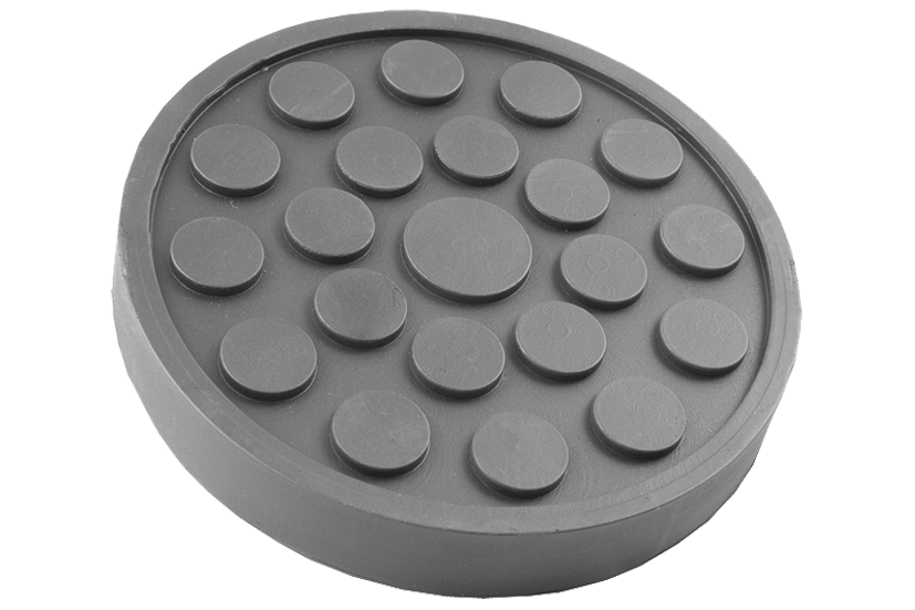 Front view of a black, round rubber pad (item no. BRADBURY002) for vehicle lifts, with rubber lip for slipping over the lift arm.