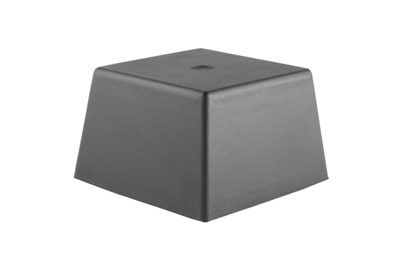Vorderansicht eines schwarzen, quadratischen Gummiklotzes (Artikelnummer GK12/8-OL) für KFZ-Hebebühnen.