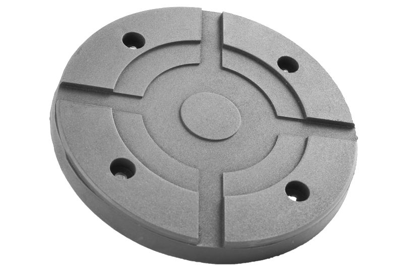 Front view of a black, round rubber pad (item no. GK155/16) for vehicle lifts, with steel plate and four holes for bolting to the lift arm.