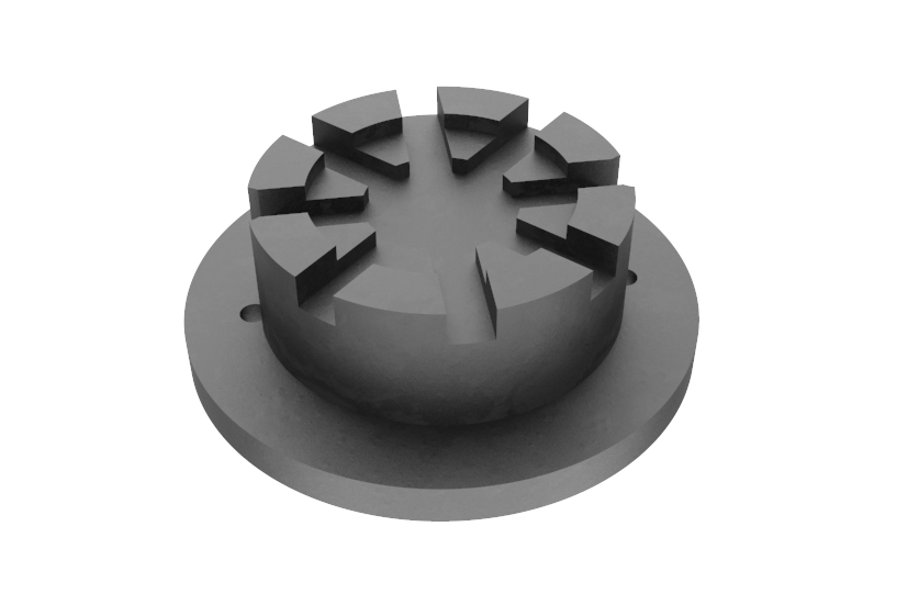 Front view of the special rubber pad (item no. GPROD-NUS) for lifts – black, round, suitable for vehicle lifts by Nussbaum, with reduced lifting surface and two holes for secure bolting to the lift arm.