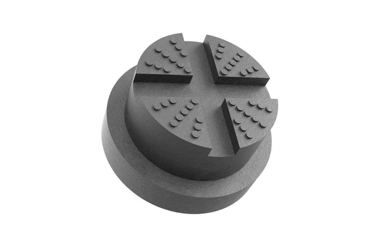 Rear view of the black, round rubber pad GT-359.B8X with steel plate vulcanized onto the back.