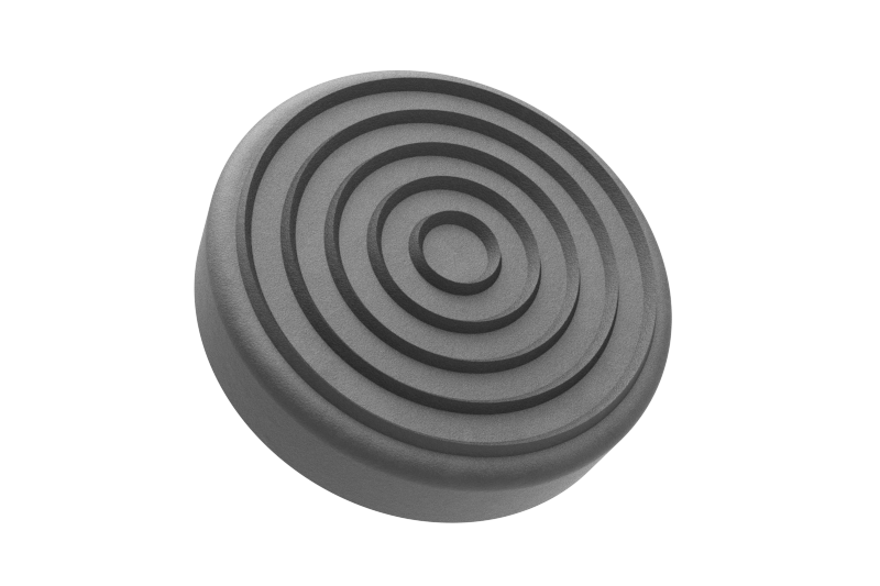 Front view of the black round rubber pad for lifting vehicles, item no. GT-VIGK.115.27, with rubber lip for slipping over the lift arm.