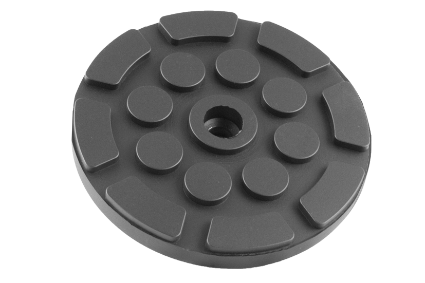Front view of a black, round rubber pad (item no. GTCN002) for vehicle lifts, with a central hole for bolting to the lift arm.