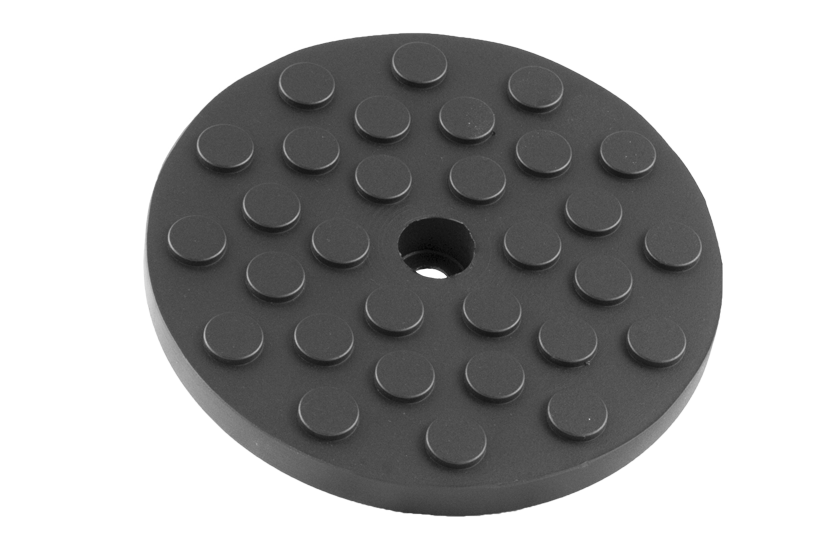 Front view of a black, round rubber pad (item no. GTCN003) for vehicle lifts, with a central hole for bolting to the lift arm.