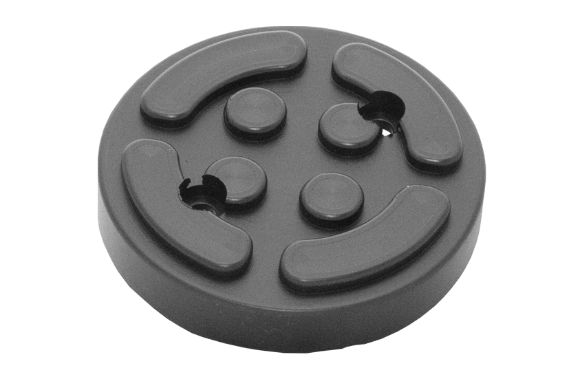Rear view of a black, round rubber pad (item no. GTCN006) for vehicle lifts, with two holes, rubber lip for slip-on mounting and bolt-on fastening.