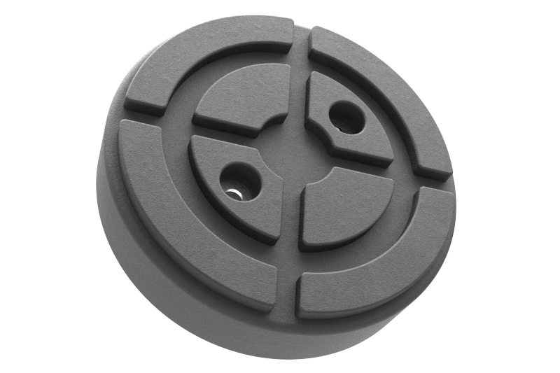 Front view of the black, round rubber pad GTCN011 for vehicle lifts with two holes for secure bolting to the lift arm.