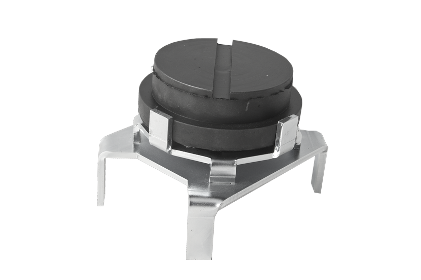 Front view of a special adapter made of galvanized steel with attached black, round rubber bumper (item no. LIFTADAPTERS80110-130).