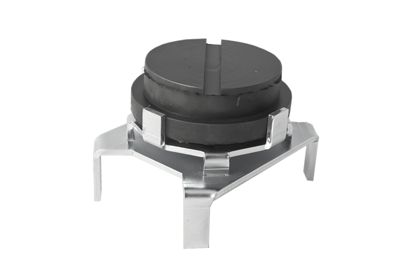 Rear view of a special adapter made of galvanized steel with a mounted black, round rubber buffer (item no. LIFTADAPTERS80130-160).