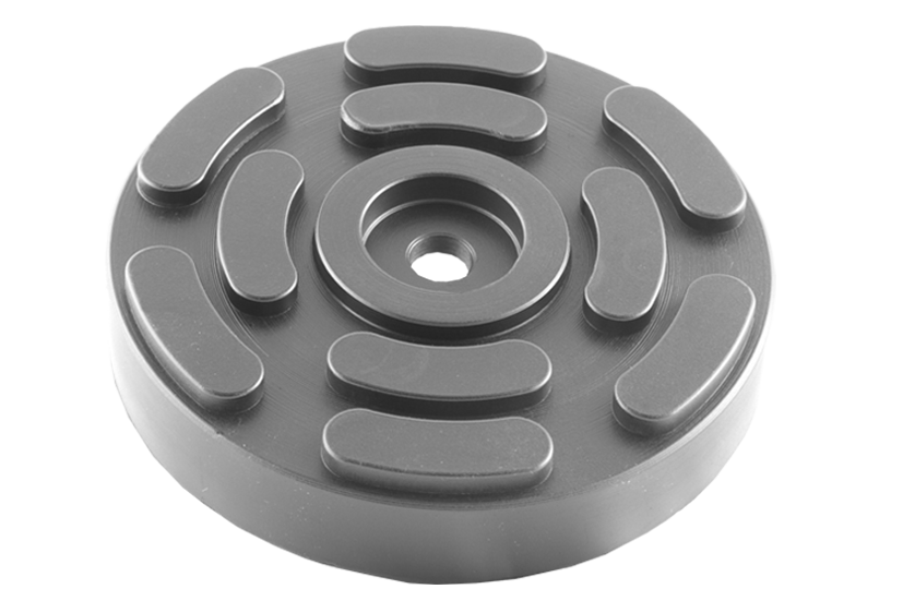 Front view of a black, round rubber pad (item no. OMCN-140-002) for vehicle lifts, with rubber lip for slipping over the lift arm and for bolting to the lift arm.