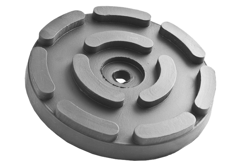 Front view of a black, round rubber pad (item no. OMCN-140) for vehicle lifts, with a central hole for bolting to the lift arm.