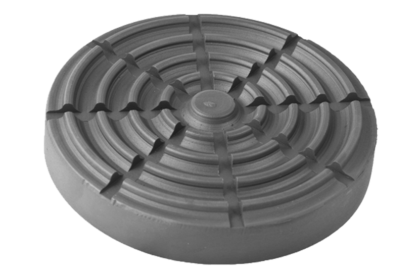 Front view of a black, round rubber pad (item no. ROMEICO124) for vehicle lifts, with rubber lip for slipping over the lift arm.