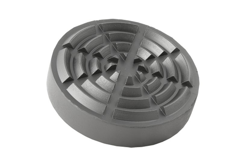 Front view of a black, round rubber pad (item no. SK2030-105) for vehicle lifts, with rubber lip for slipping over the lift arm.
