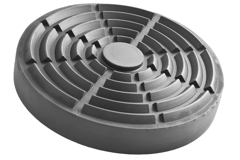 Front view of item SK2030-160, a round black rubber pad for vehicle lifts with a rubber lip for slip-on mounting over the lifting plate.