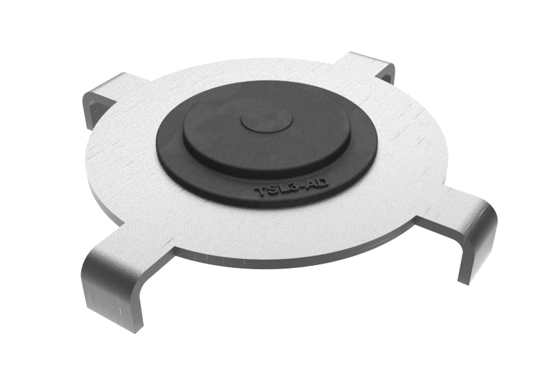 Front view of the Tesla Model 3 lift adapter for vehicle lifts – metal part with claw, vulcanized rubber as lifting surface.