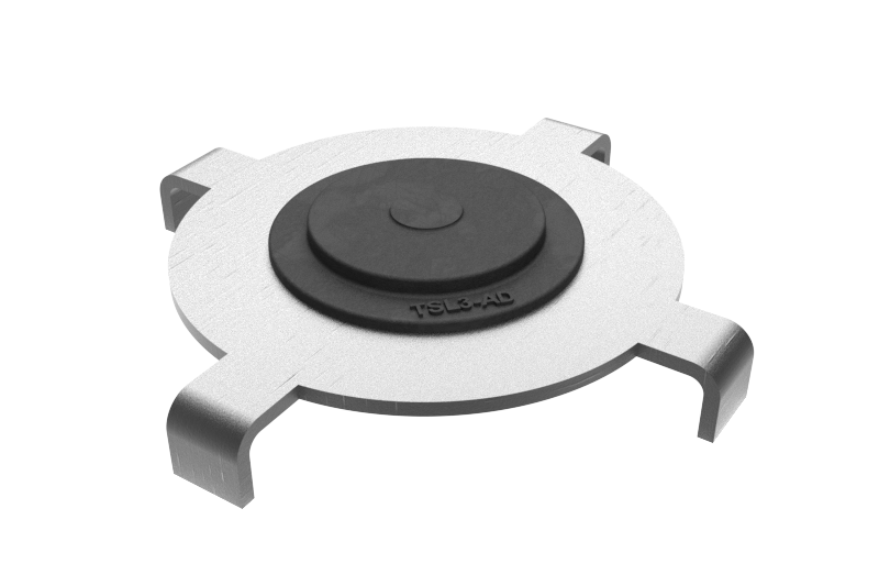 Front view of the Tesla Model 3 lift adapter for vehicle lifts – metal part with claw, vulcanized rubber as lifting surface.