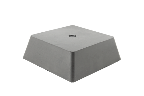 Vorderansicht eines schwarzen, quadratischen Gummi-Pyramidenklotzes (Artikelnummer 165031) für Scherenhebebühnen.