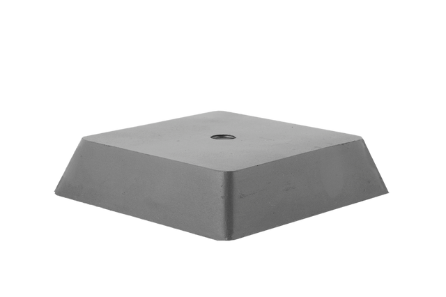 Vorderansicht eines schwarzen, quadratischen Gummi-Pyramidenklotzes (Artikelnummer 165037) für Scherenhebebühnen.