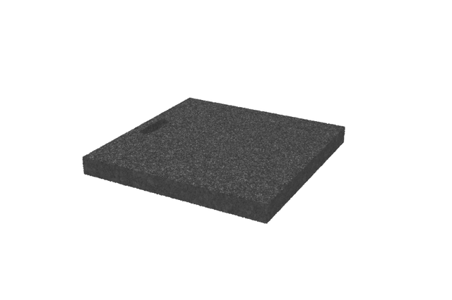 Schrägansicht einer schwarzen, quadratischen Ausgleichsplatte (Artikelnummer AP-HIA.500.500.H50) für Achsvermesshebebühnen, gefertigt aus verpresstem Gummimaterial mit poröser Oberfläche und Griffloch.