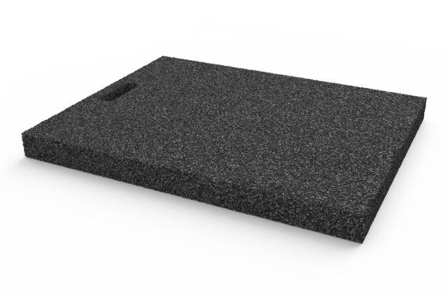Angled view of the item AP-UWQ.633.500.H50, rectangular black leveling pad for wheel alignment lifts with grip hole, made of recycled rubber with a porous surface.