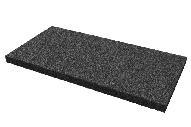 Angled view of a black, rectangular leveling pad (item no. AP-ZEZ.1000.500.H50-OG) for wheel alignment lifts, made of compressed rubber material with a porous surface, without grip hole.