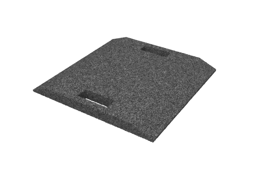 Schwarze, rechteckige Gummi-Auffahrrampe mit Auffahrwinkeln an Vorder- und Rückseite, genutzt für Zwei- und Einsäulen-Hebebühnen.