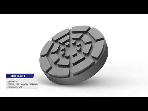360°-Panorama der Gummiauflage COR001483, inkl Querschnitt durch den Gummiteller, in dem die innere Struktur der Gummiauflage gezeigt wird.